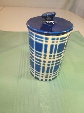 Circa 1978 H.M. Coby Italy Blue Plaid Hand-Painted Ceramic Canister